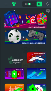 モバイルインターフェースのGamdomカジノゲームロビー