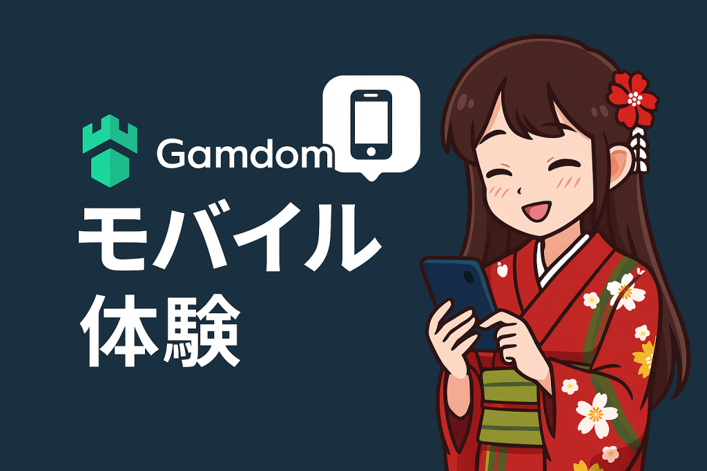 Gamdomカジノのモバイル体験を楽しむ着物姿の女性イラスト